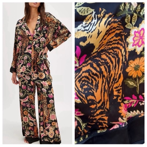 Free People Other - 🆕 NWT FP Pajama SET Iron Combo Tiger Floral Print SILKY oversized XL Long Tall